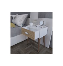 Mesilla de Noche con Cajón Nogal-Blanco-Cambria y Patas de Madera, 45x30x57.5 cm, Estilo Moderno