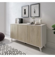 Aparador, Buffet, Salón Comedor 3 Puertas, Armario Auxiliar Color Blanco y Roble, Medidas: 138 cm x 70 x 39,5